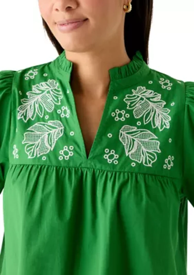 Women's Elbow Puff Sleeve Eyelet Top