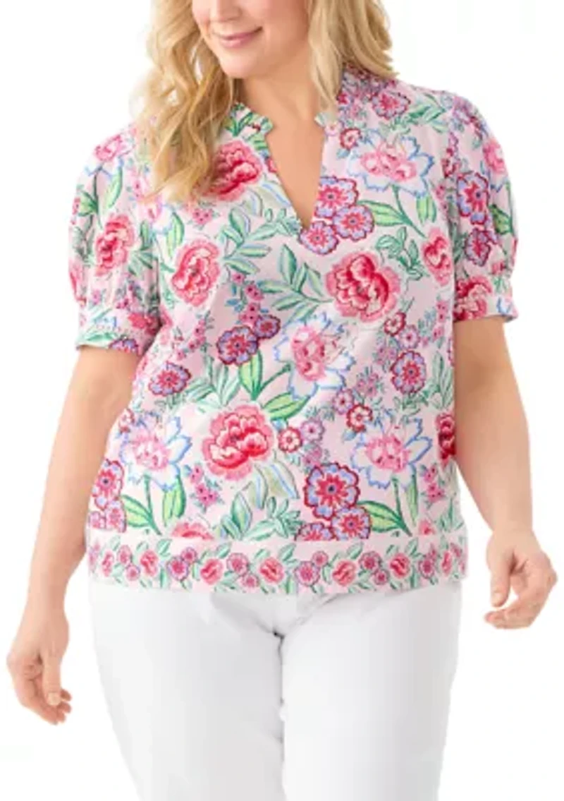 Plus Short Sleeve Printed Woven Top