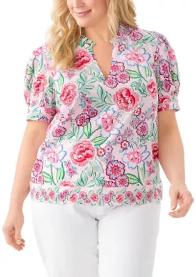 Plus Short Sleeve Printed Woven Top