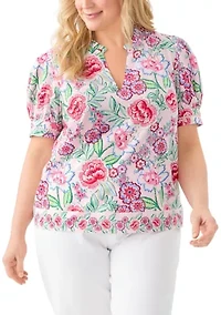 Plus Short Sleeve Printed Woven Top