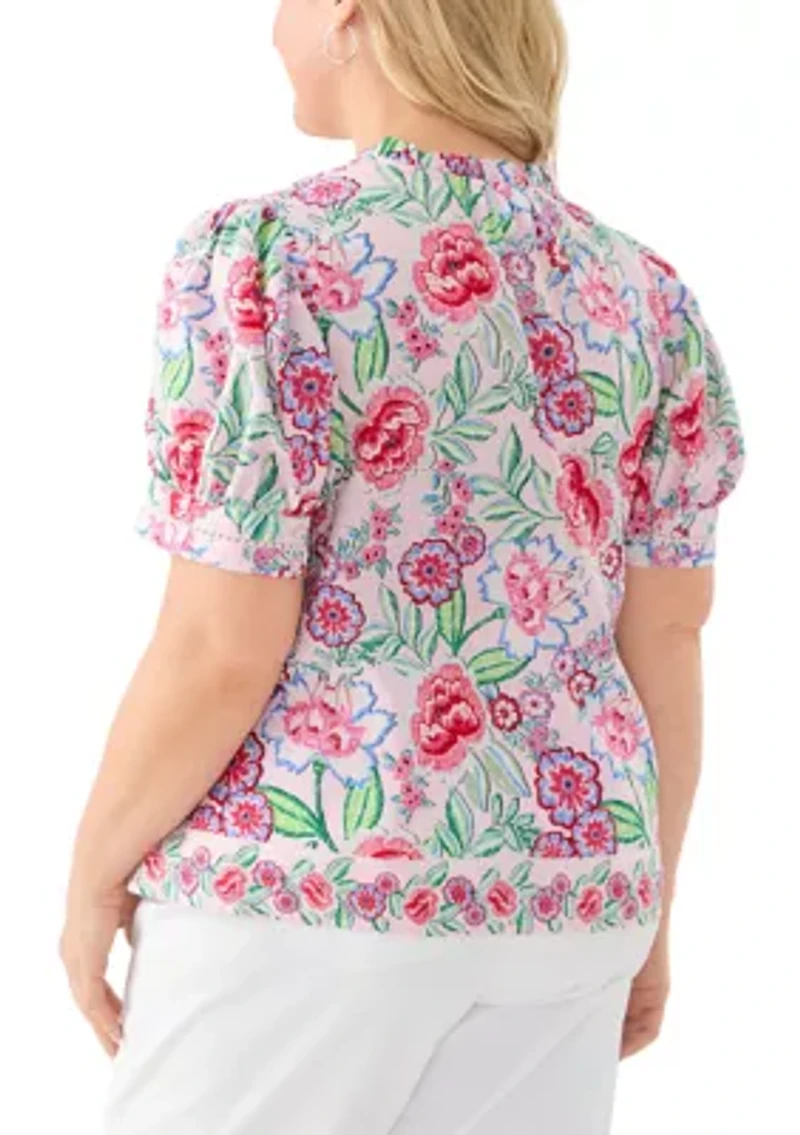 Plus Short Sleeve Printed Woven Top