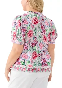 Plus Short Sleeve Printed Woven Top