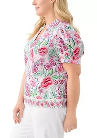 Plus Short Sleeve Printed Woven Top