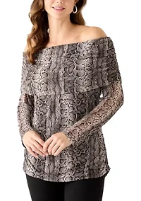 Women's Long Sleeve Printed Off-the-Shoulder Mesh Top