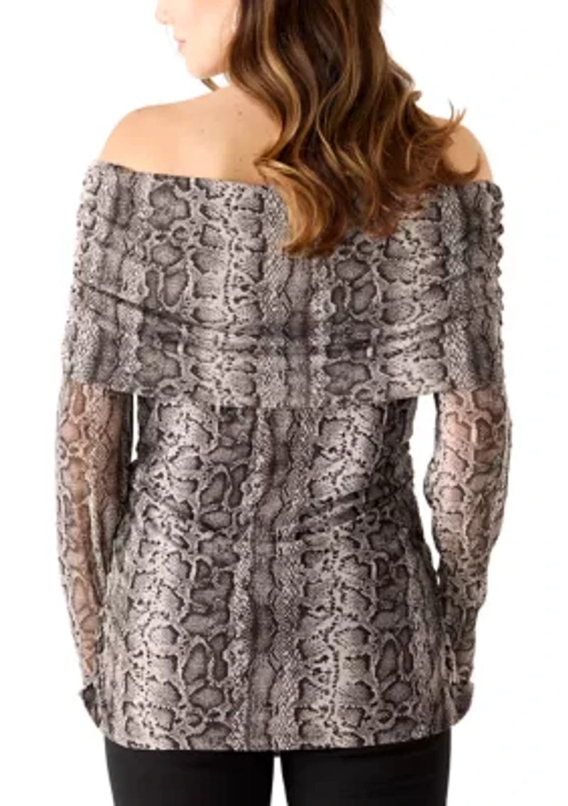 Women's Long Sleeve Printed Off-the-Shoulder Mesh Top