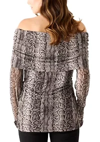 Women's Long Sleeve Printed Off-the-Shoulder Mesh Top