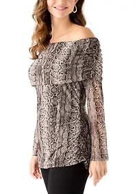 Women's Long Sleeve Printed Off-the-Shoulder Mesh Top