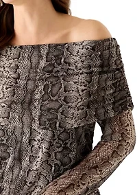 Women's Long Sleeve Printed Off-the-Shoulder Mesh Top