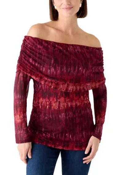 Women's Long Sleeve Printed Off the Shoulder Mesh Top