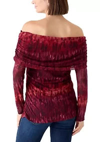 Women's Long Sleeve Printed Off the Shoulder Mesh Top