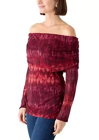 Women's Long Sleeve Printed Off the Shoulder Mesh Top