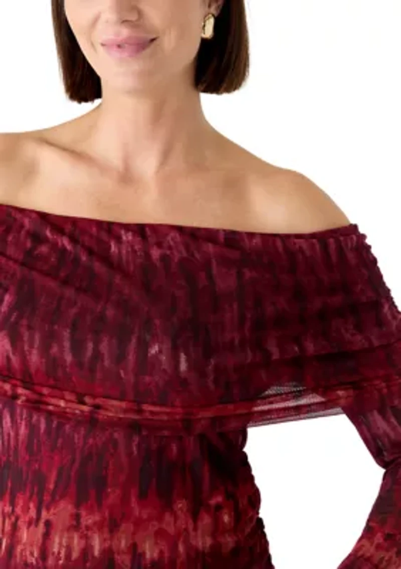 Women's Long Sleeve Printed Off the Shoulder Mesh Top