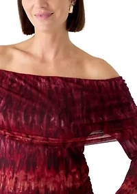 Women's Long Sleeve Printed Off the Shoulder Mesh Top