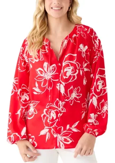 Women's 3/4 Sleeve Floral Tie Neck Blouse