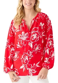 Women's 3/4 Sleeve Floral Tie Neck Blouse