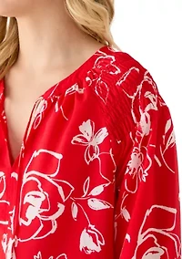 Women's 3/4 Sleeve Floral Tie Neck Blouse