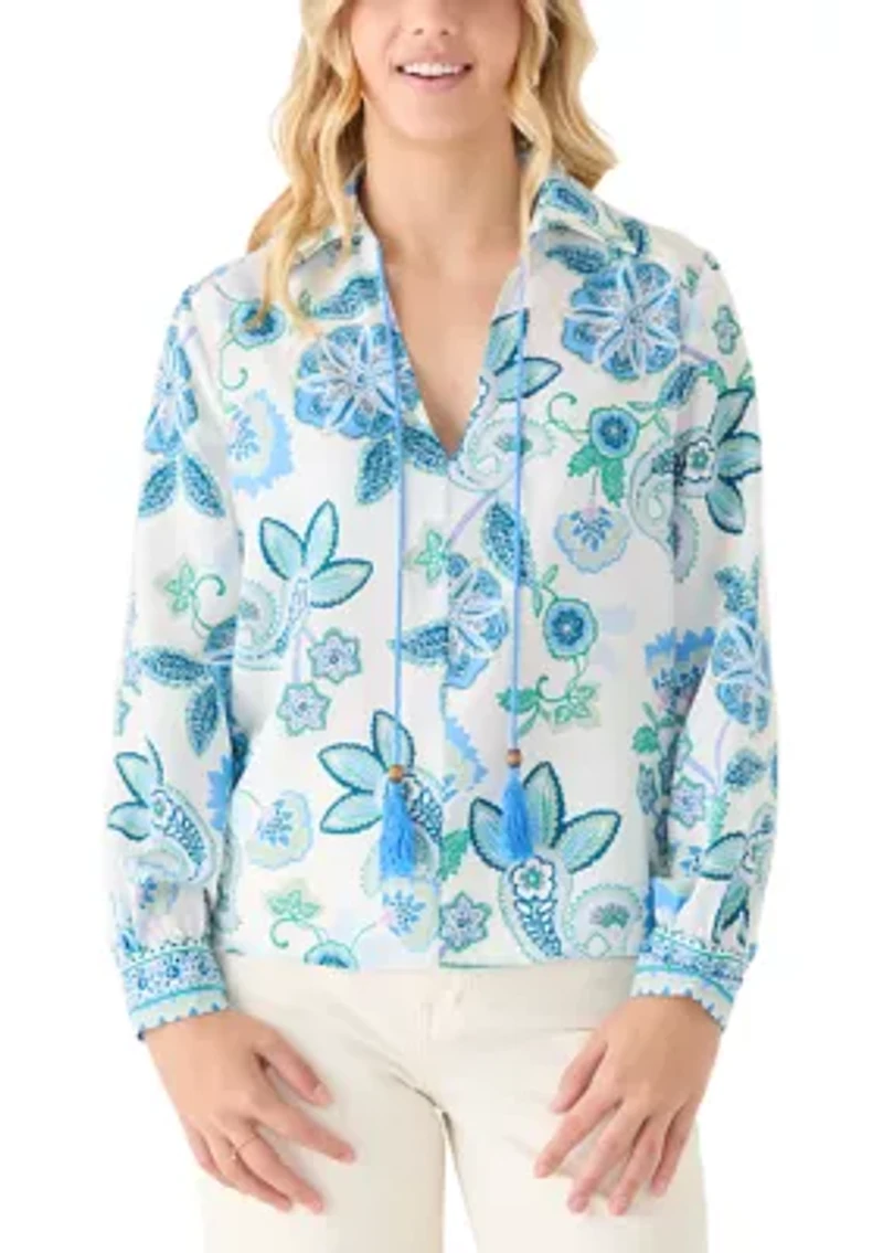 Women's Paisley Print Floral Tie Neck Blouse