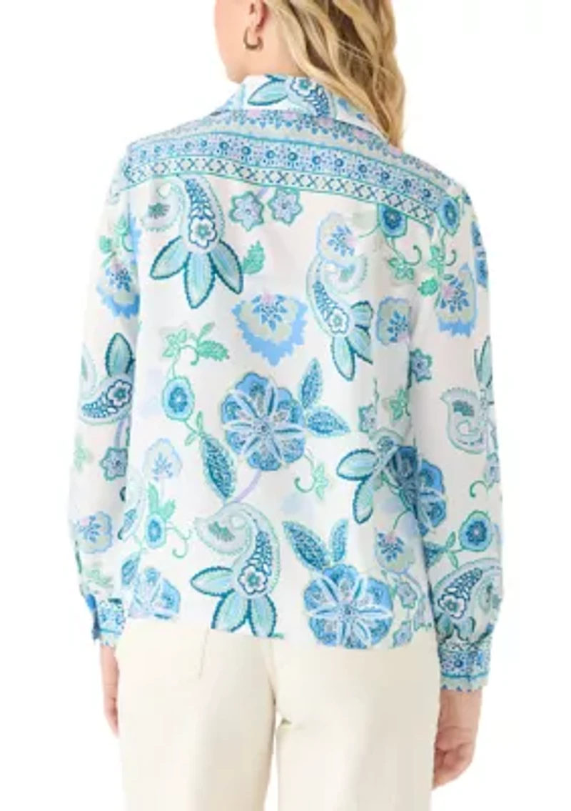 Women's Paisley Print Floral Tie Neck Blouse