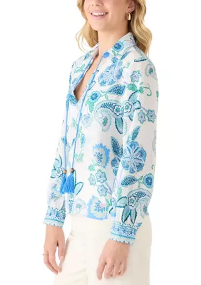 Women's Paisley Print Floral Tie Neck Blouse