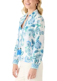 Women's Paisley Print Floral Tie Neck Blouse