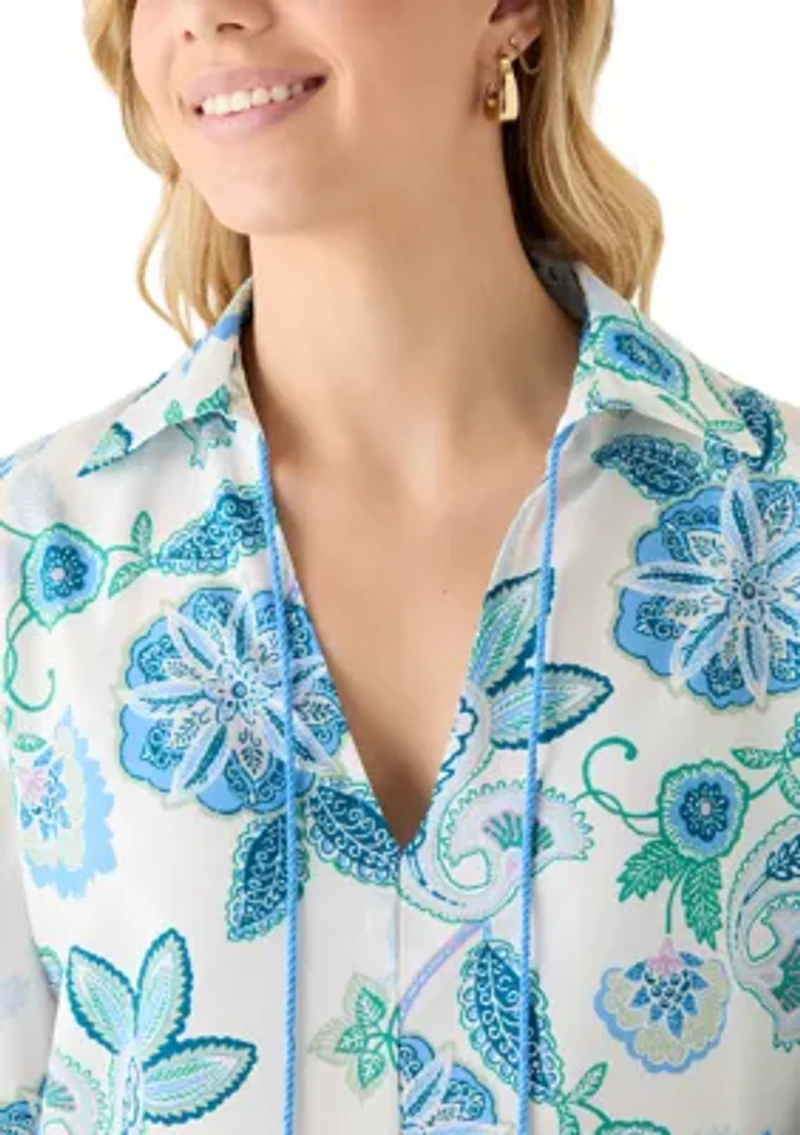 Women's Paisley Print Floral Tie Neck Blouse