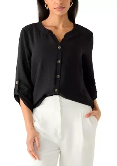 Women's Long Sleeve Split Neck Button Front Blouse