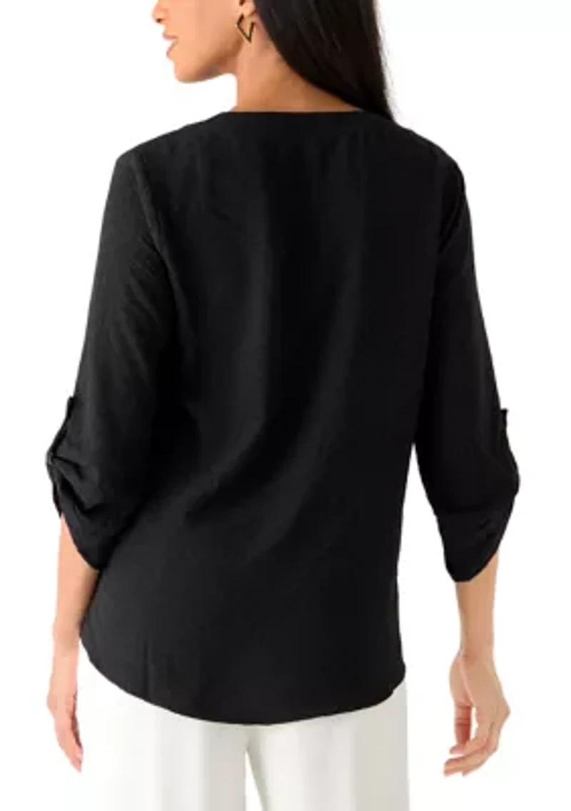 Women's Long Sleeve Split Neck Button Front Blouse