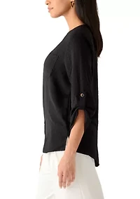 Women's Long Sleeve Split Neck Button Front Blouse