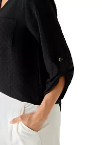 Women's Long Sleeve Split Neck Button Front Blouse