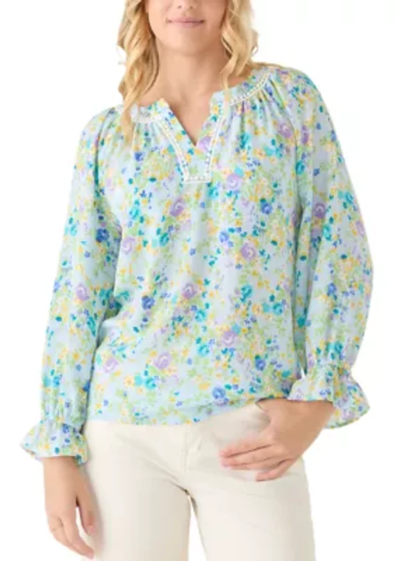 Women's 3/4 Sleeve Floral Split Neck Blouse