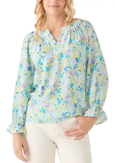 Women's 3/4 Sleeve Floral Split Neck Blouse
