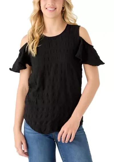Women's Short Sleeve Cold Shoulder Pucker Knit Blouse