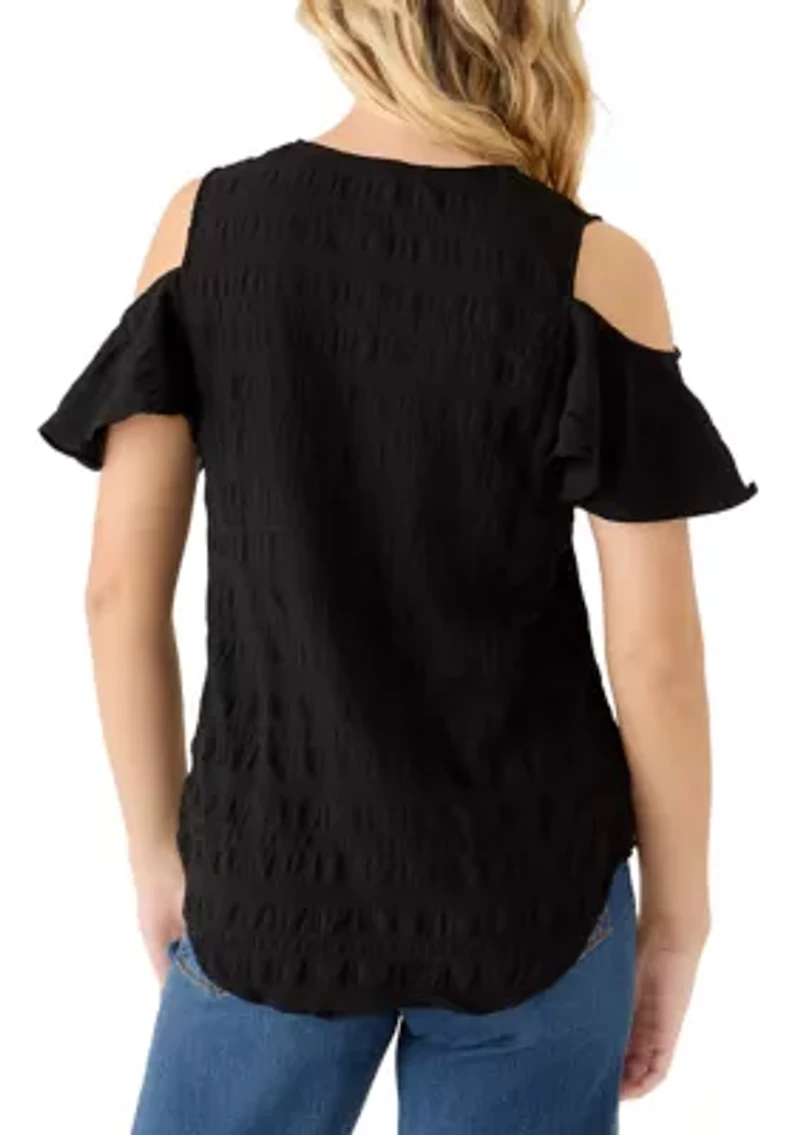 Women's Short Sleeve Cold Shoulder Pucker Knit Blouse