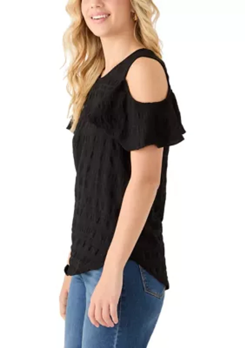 Women's Short Sleeve Cold Shoulder Pucker Knit Blouse