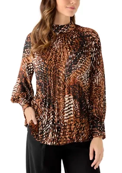 Women's Blouson Sleeve Swirl Print Mock Neck Pleated Blouse