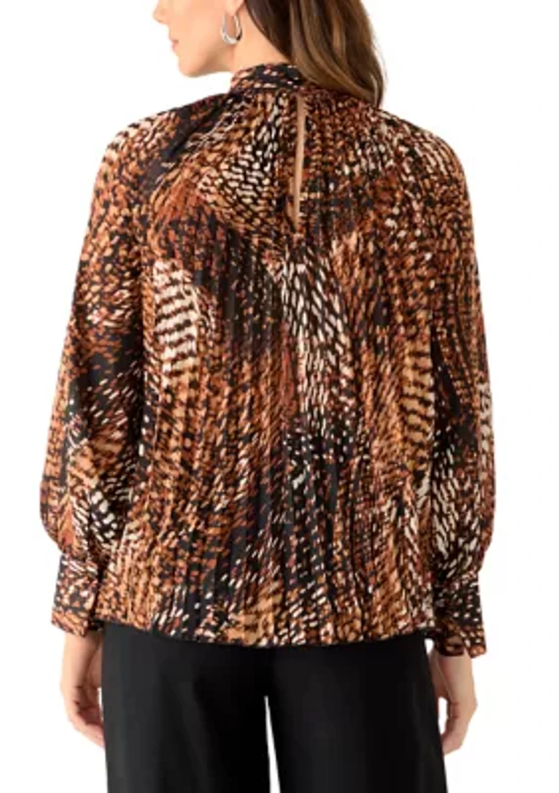 Women's Blouson Sleeve Swirl Print Mock Neck Pleated Blouse