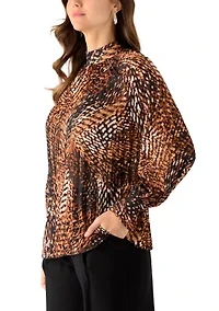 Women's Blouson Sleeve Swirl Print Mock Neck Pleated Blouse