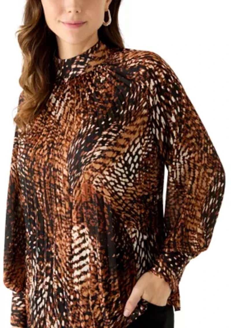 Women's Blouson Sleeve Swirl Print Mock Neck Pleated Blouse