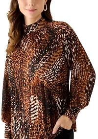 Women's Blouson Sleeve Swirl Print Mock Neck Pleated Blouse