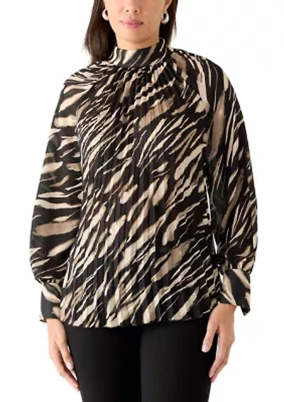 Women's Animal Print Pleated Mock Neck Blouse