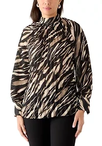 Women's Animal Print Pleated Mock Neck Blouse