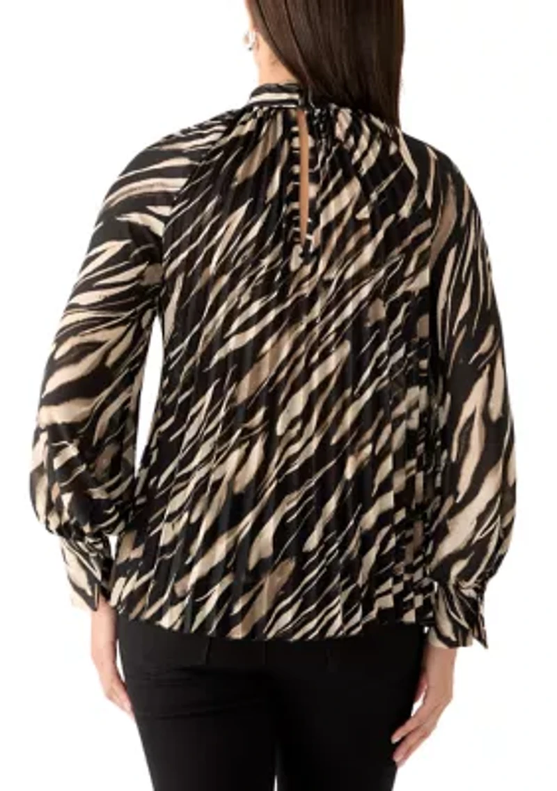 Women's Animal Print Pleated Mock Neck Blouse