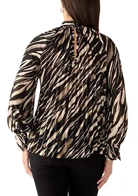 Women's Animal Print Pleated Mock Neck Blouse