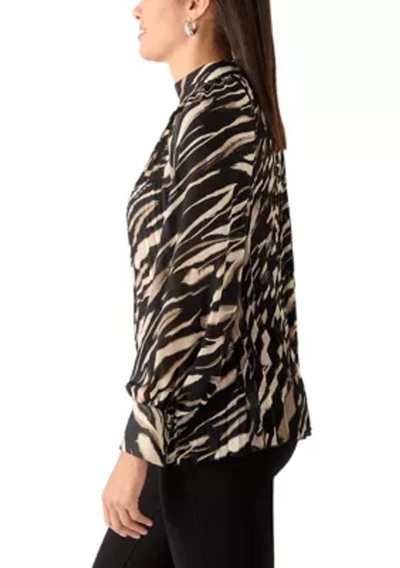Women's Animal Print Pleated Mock Neck Blouse