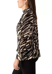 Women's Animal Print Pleated Mock Neck Blouse