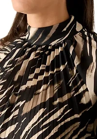 Women's Animal Print Pleated Mock Neck Blouse