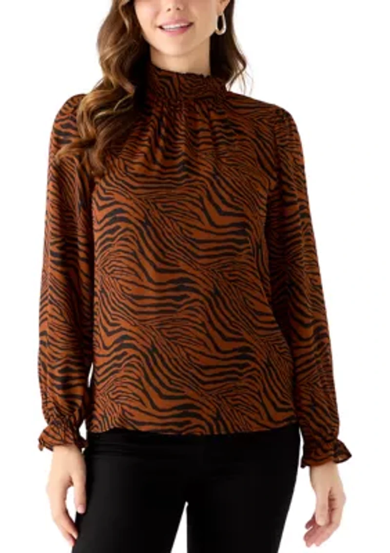 Women's Long Sleeve Zebra Print Mock Neck Blouse