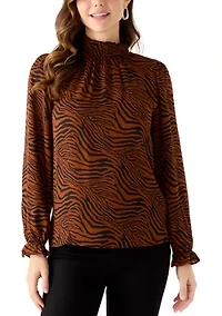 Women's Long Sleeve Zebra Print Mock Neck Blouse