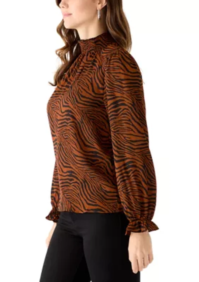 Women's Long Sleeve Zebra Print Mock Neck Blouse