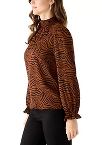 Women's Long Sleeve Zebra Print Mock Neck Blouse
